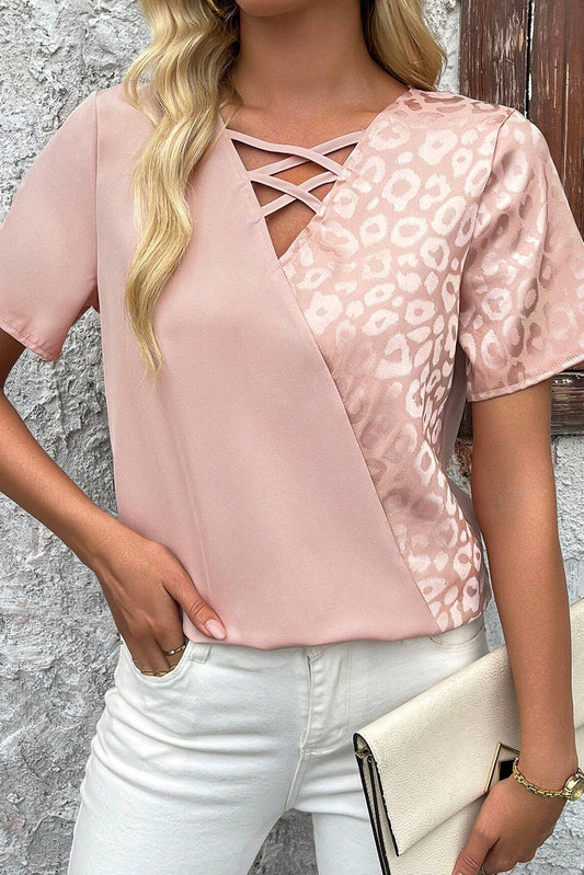 Apricot Pink Leopard Patchwork Cross Strappy V Neck Blouse