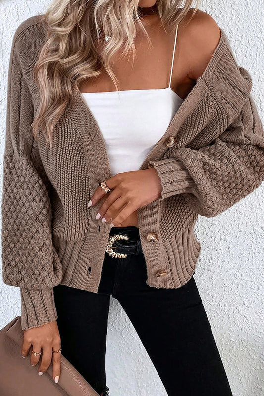 Goat Mixed Texture Knit Button V Neck Sweater Cardigan