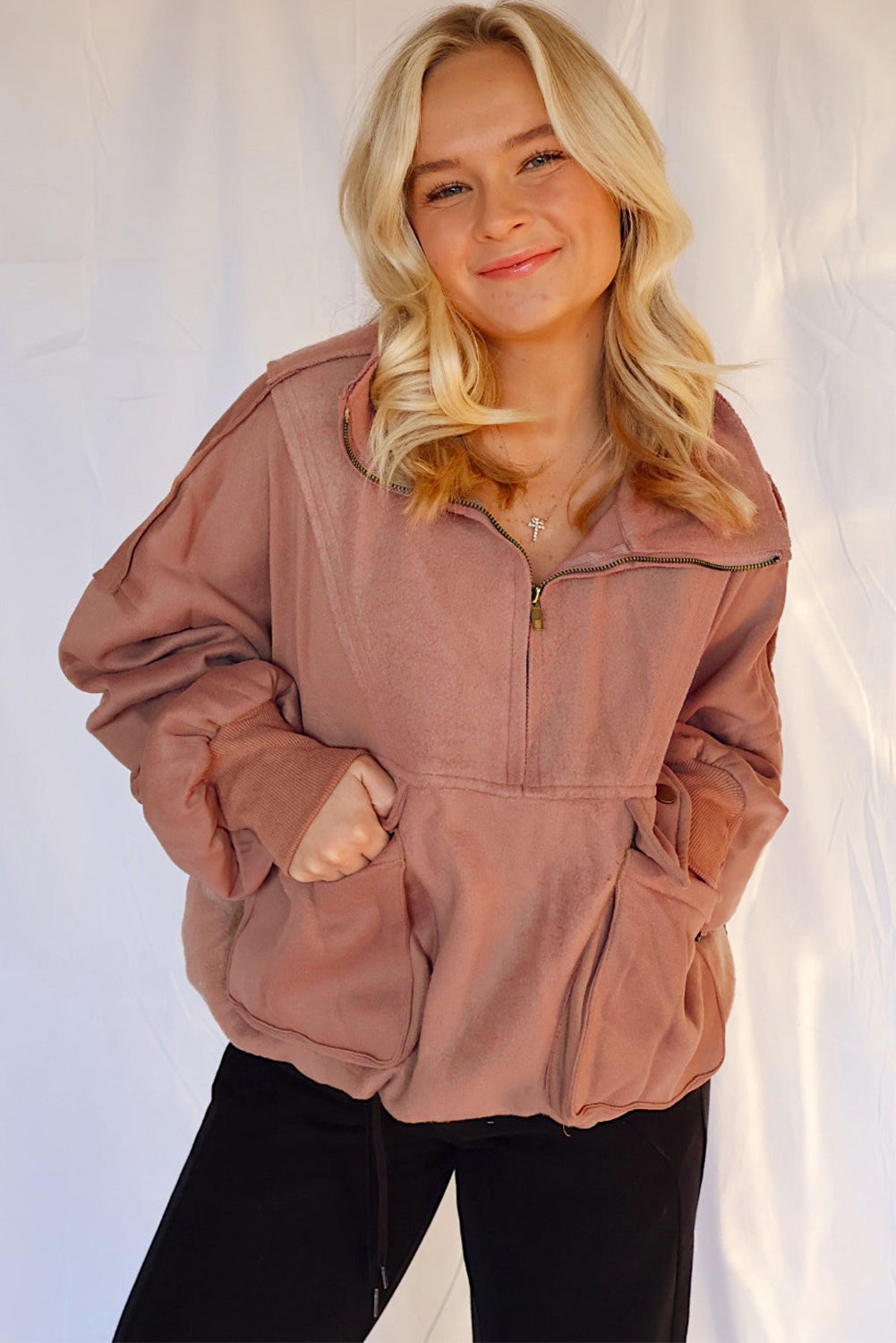 Camel Exposed Seam Side Pockets Half Zipper Baggy Sweatshirt