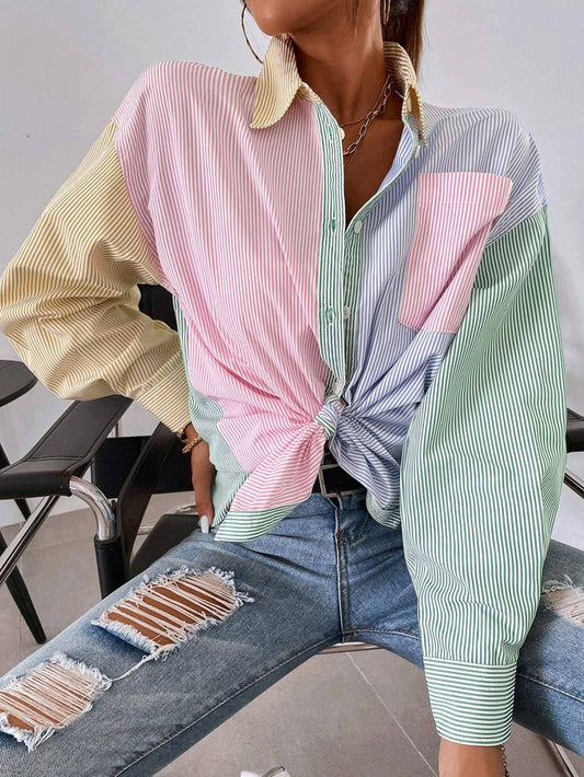 Striped colorblock button front blouse