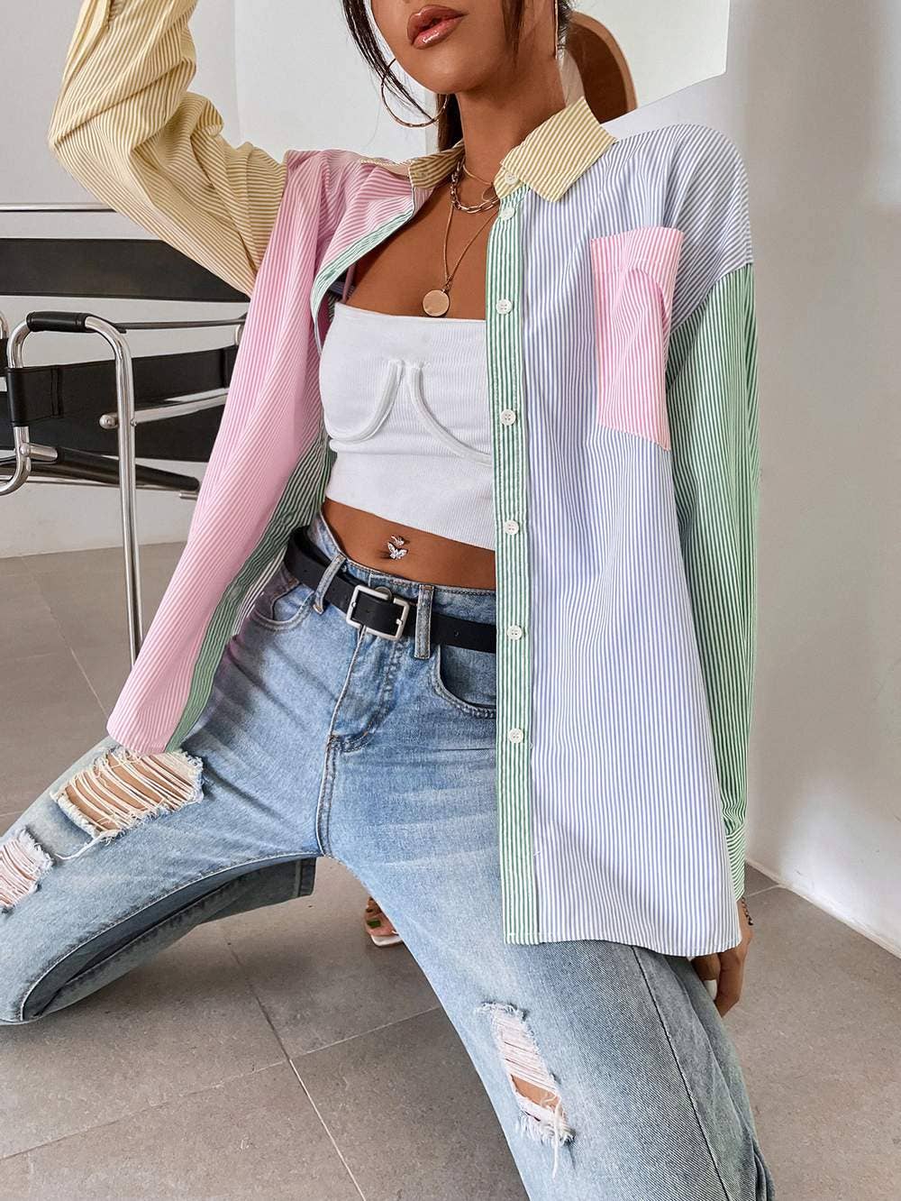 Striped colorblock button front blouse