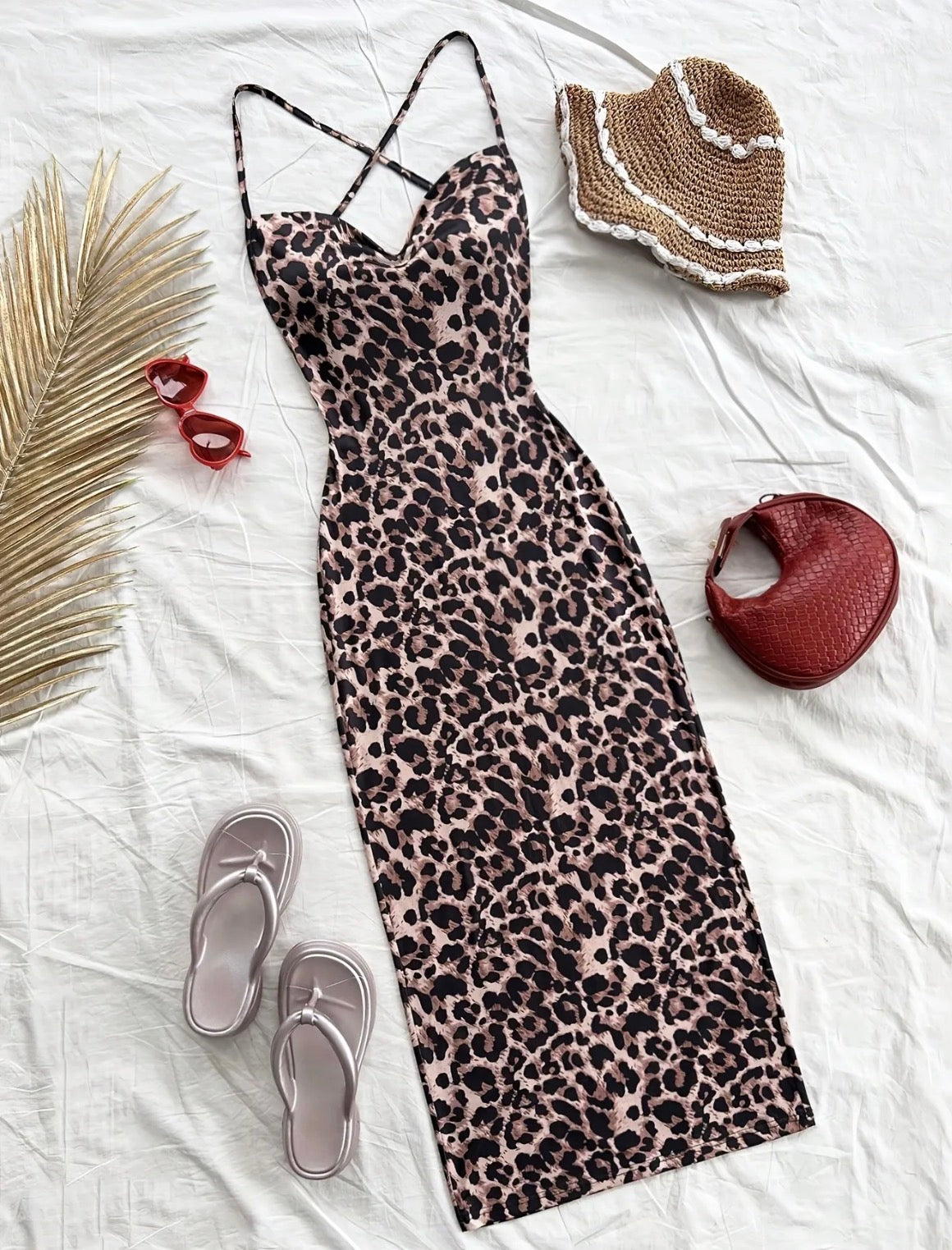Long Leopard Print Dress with Criss Cross Back Straps Detail