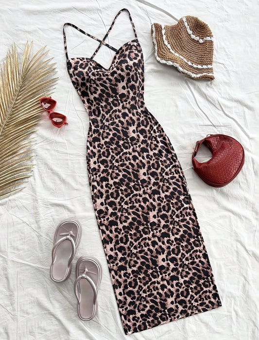 Long Leopard Print Dress with Criss Cross Back Straps Detail