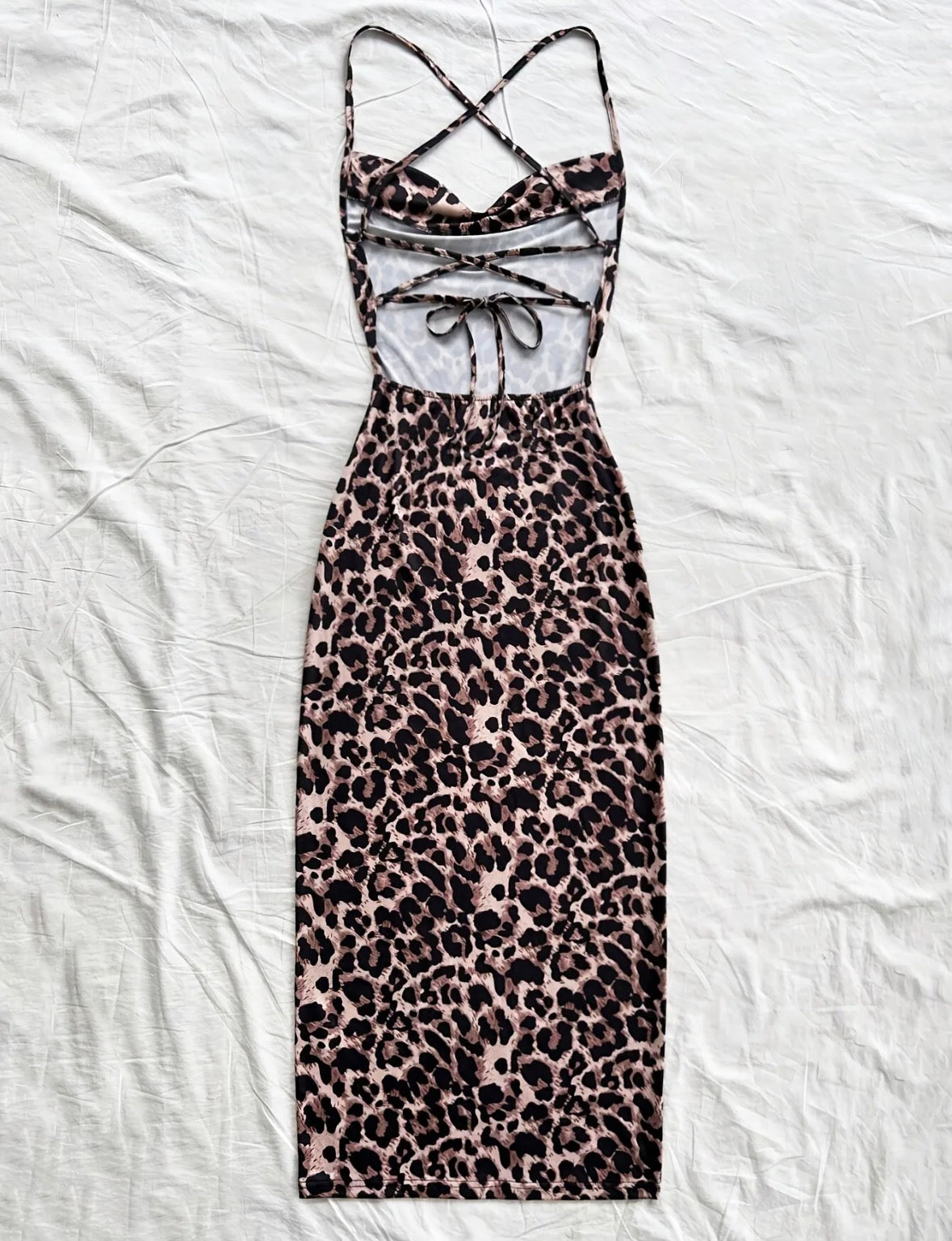 Long Leopard Print Dress with Criss Cross Back Straps Detail