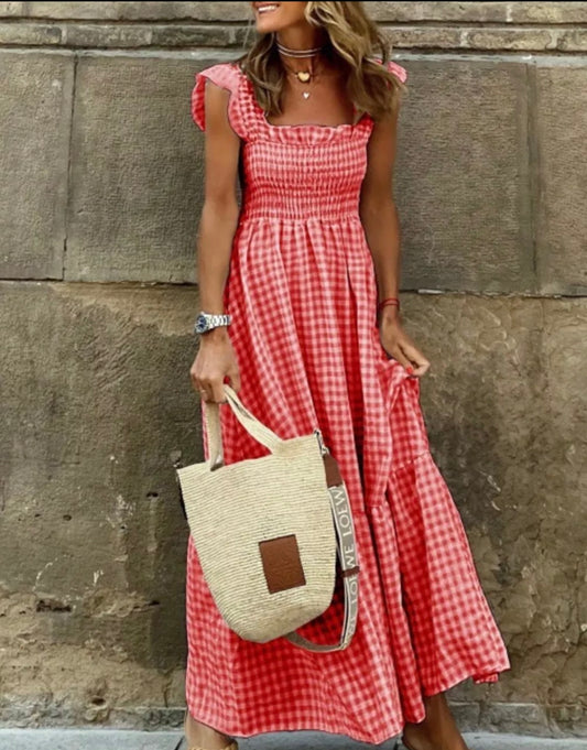 Full Size Gingham Smocked Ruffle Maxi Dress Plus Size