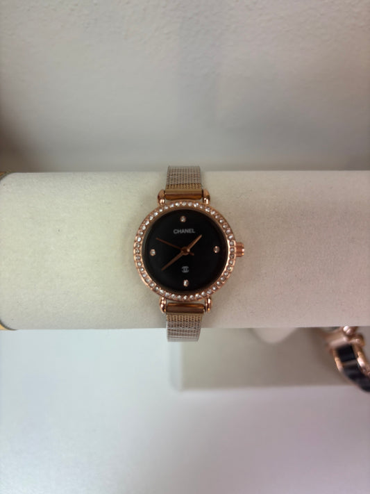 Inspired Rose Gold Crystal Mesh Watch – Black Dial