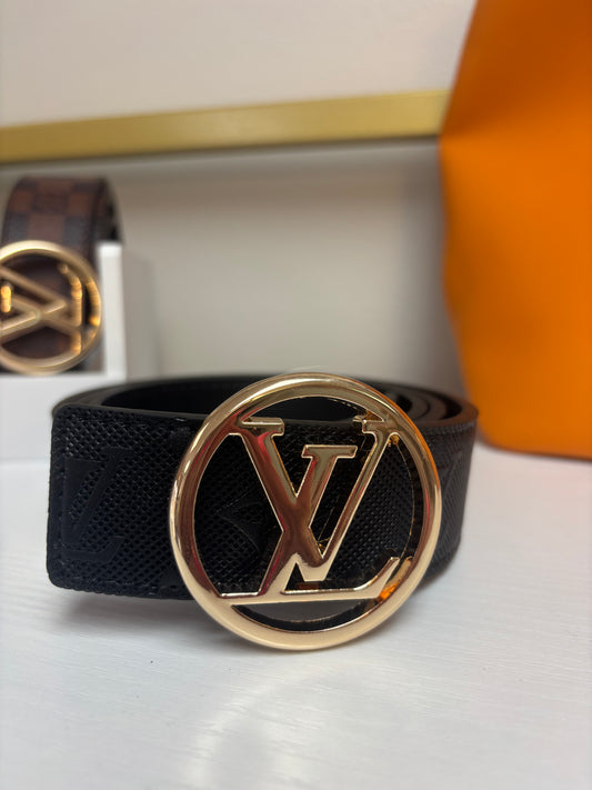 Inspired Black Monogram Belt – Gold Signature Buckle