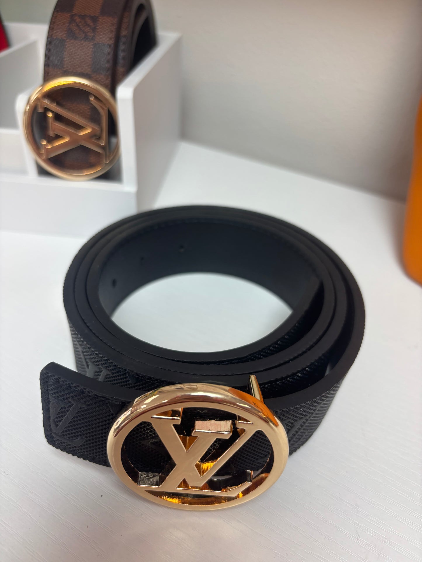 Inspired Black Monogram Belt – Gold Signature Buckle