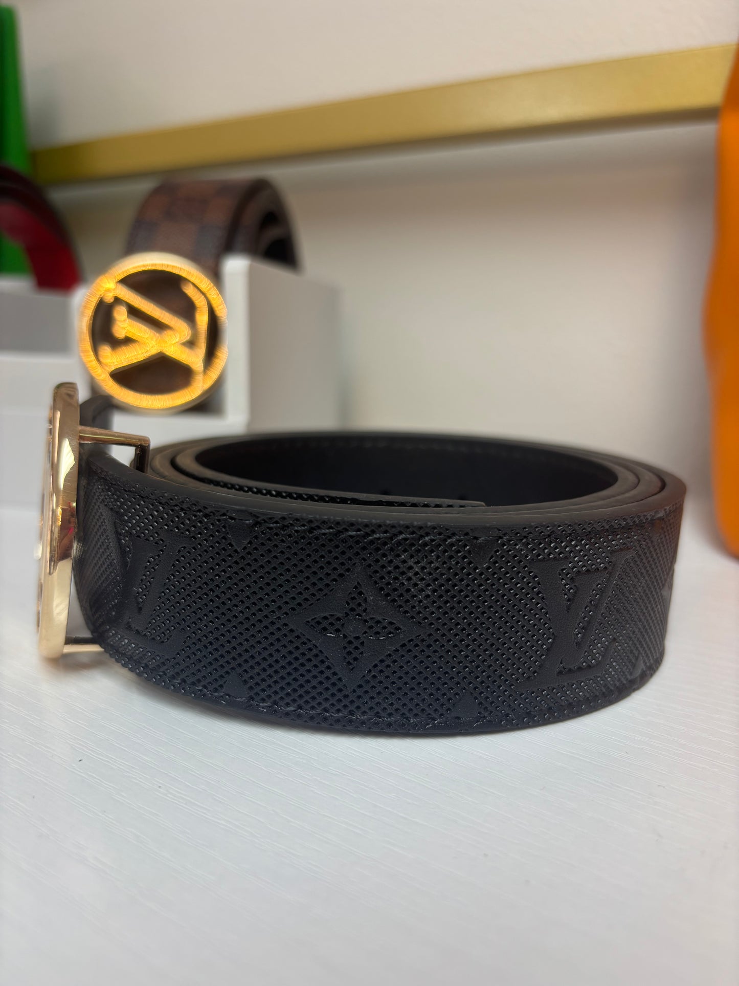 Inspired Black Monogram Belt – Gold Signature Buckle