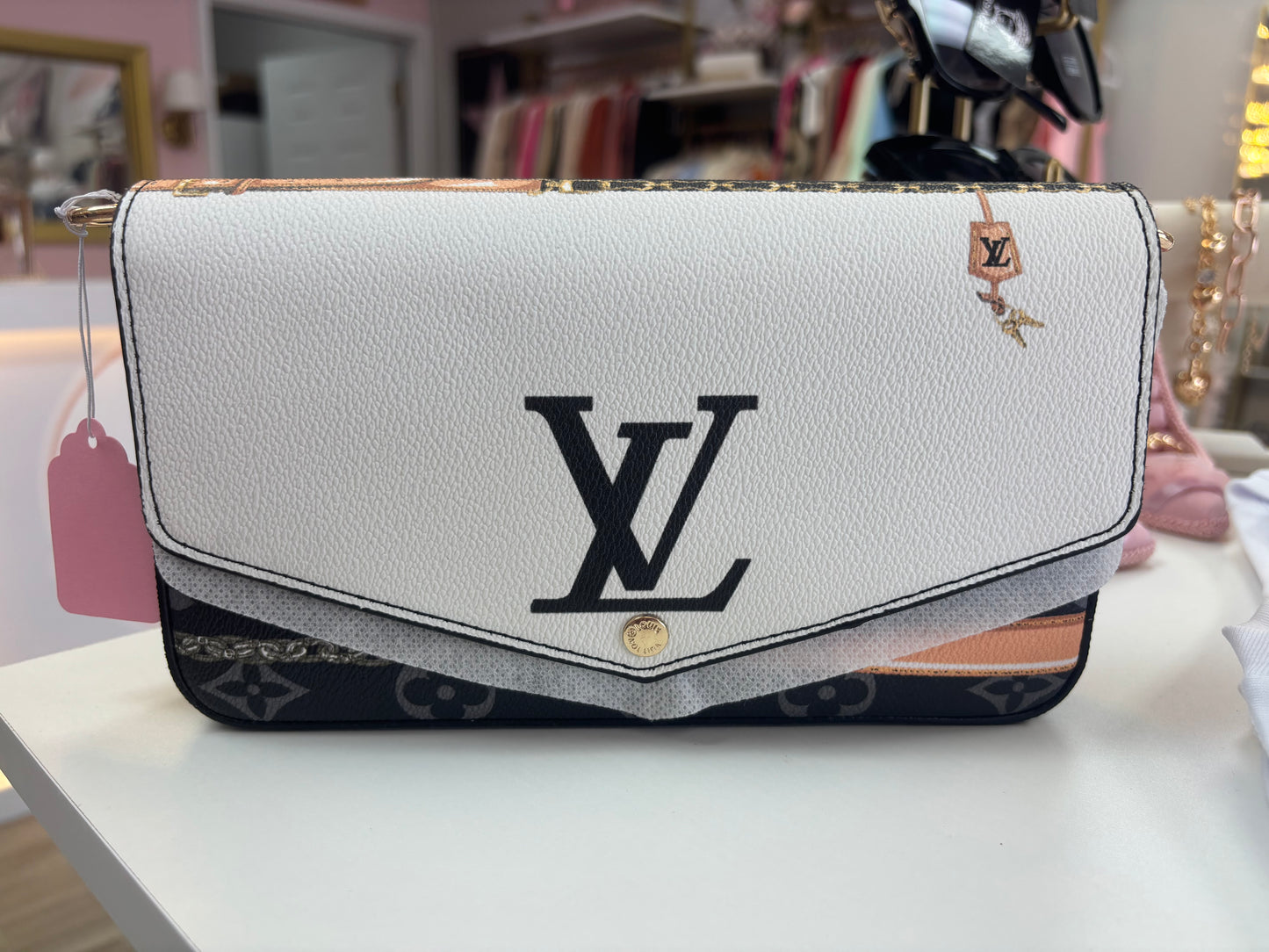 Inspired Black & Cream Monogram Crossbody Clutch