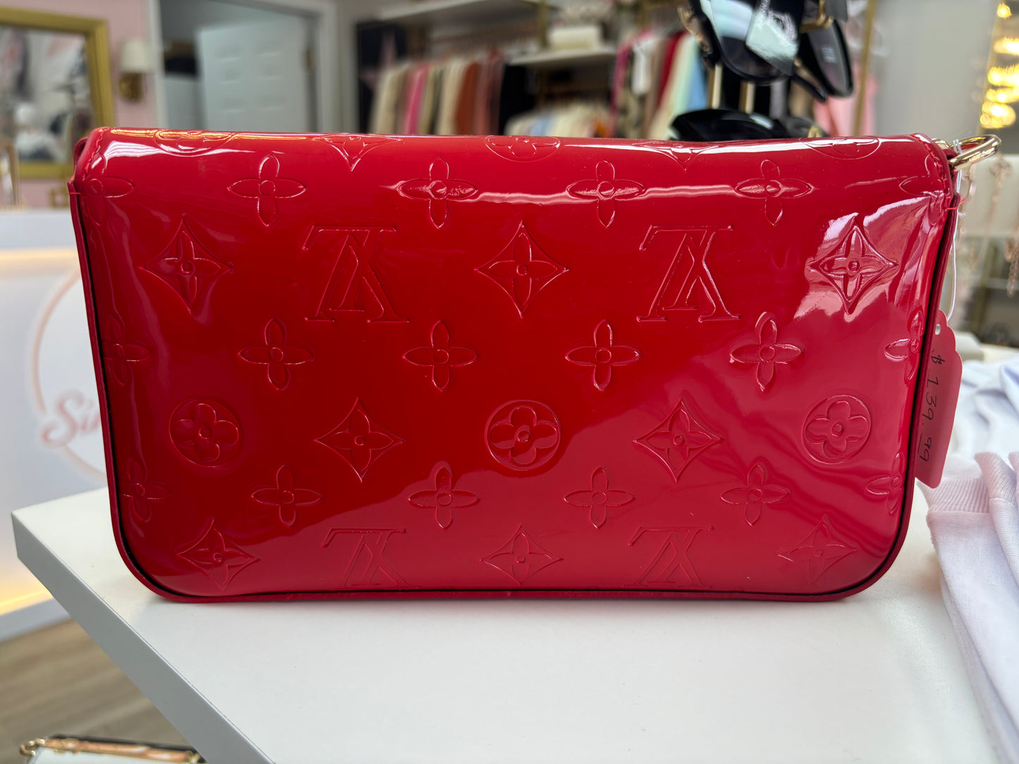 Inspired Glossy Red Monogram Crossbody Clutch