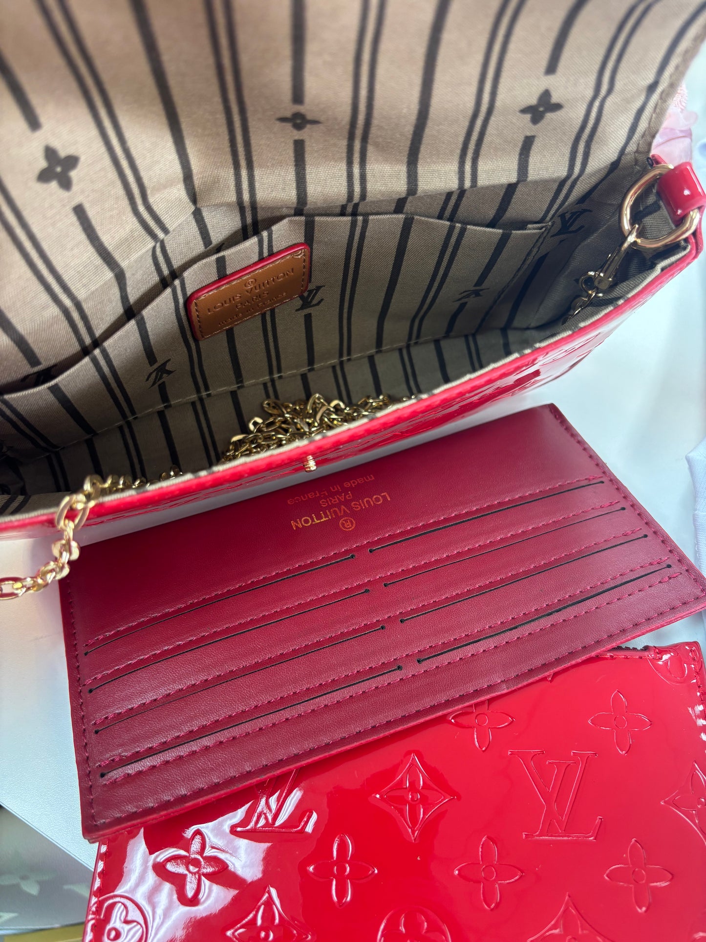 Inspired Glossy Red Monogram Crossbody Clutch