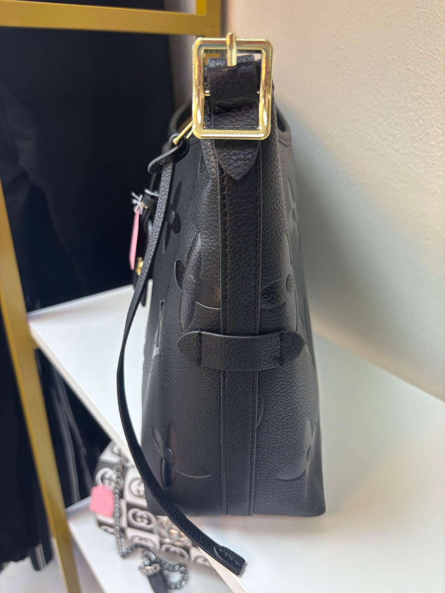 Inspired Embossed Monogram Luxe Shoulder Bag – Black