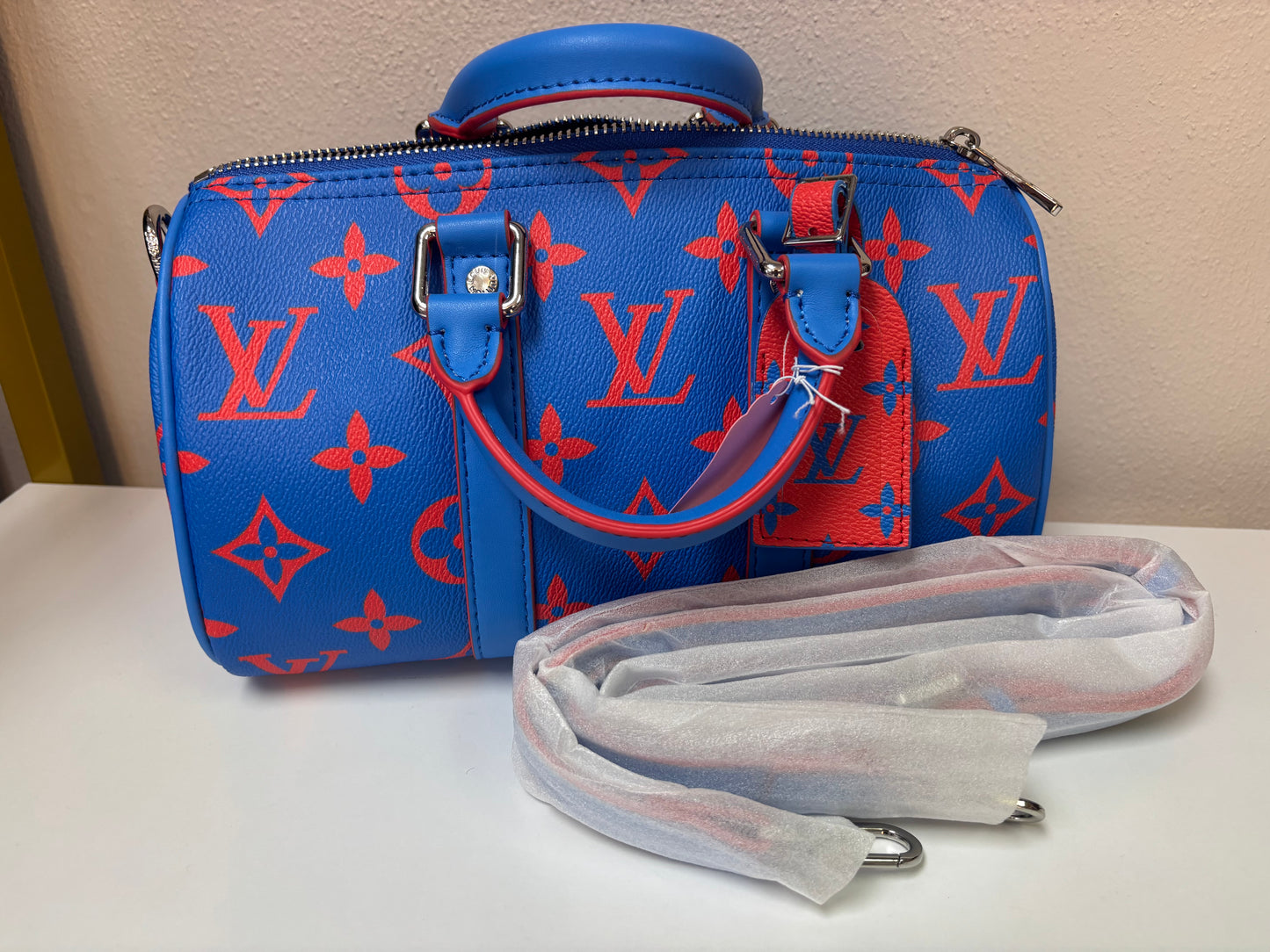 Inspired Blue & Red Monogram Mini Luxe Satchel