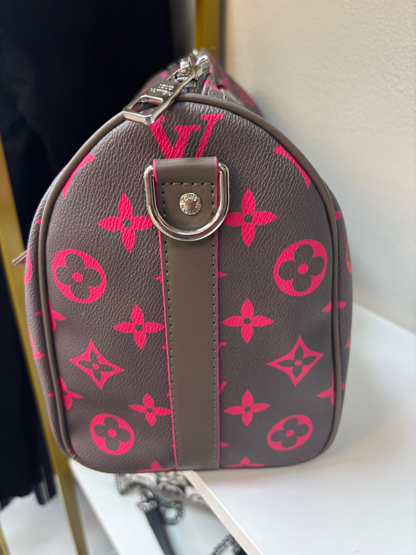 Inspired Pink & Dark Grey Monogram Luxe Travel Satchel