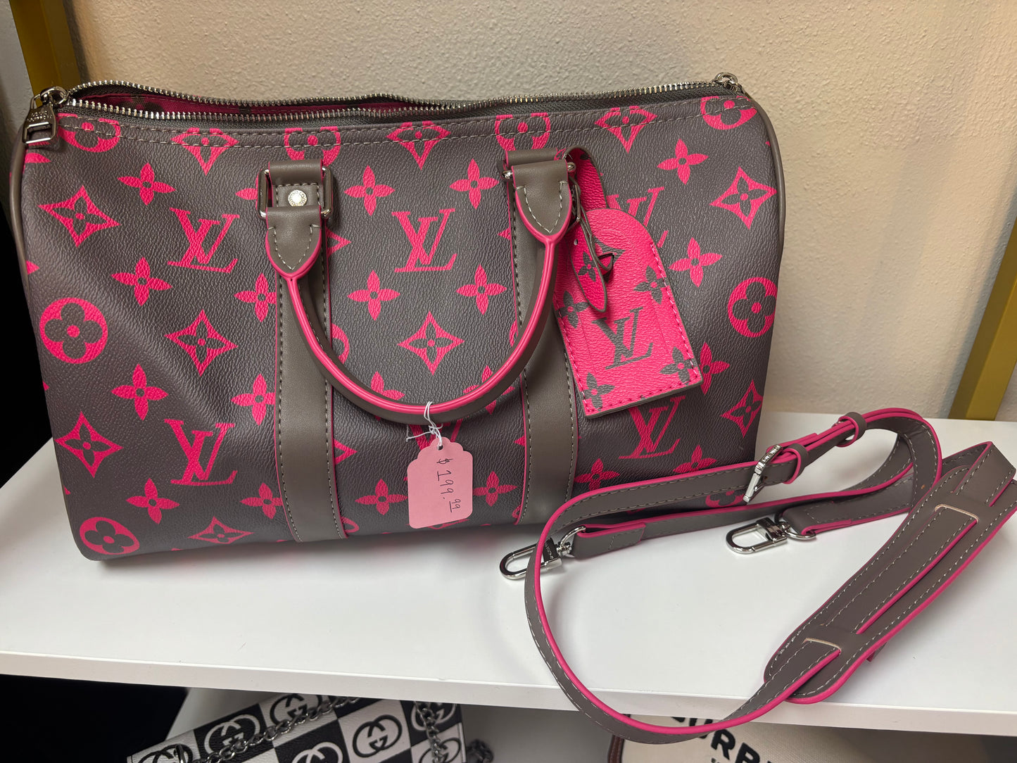 Inspired Pink & Dark Grey Monogram Luxe Travel Satchel