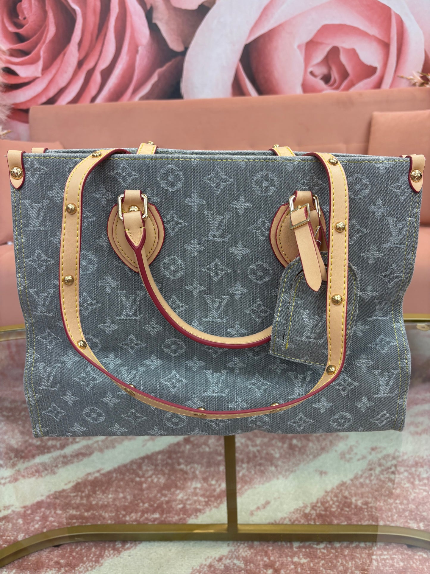 Inspired Washed Denim Monogram Tote Bag