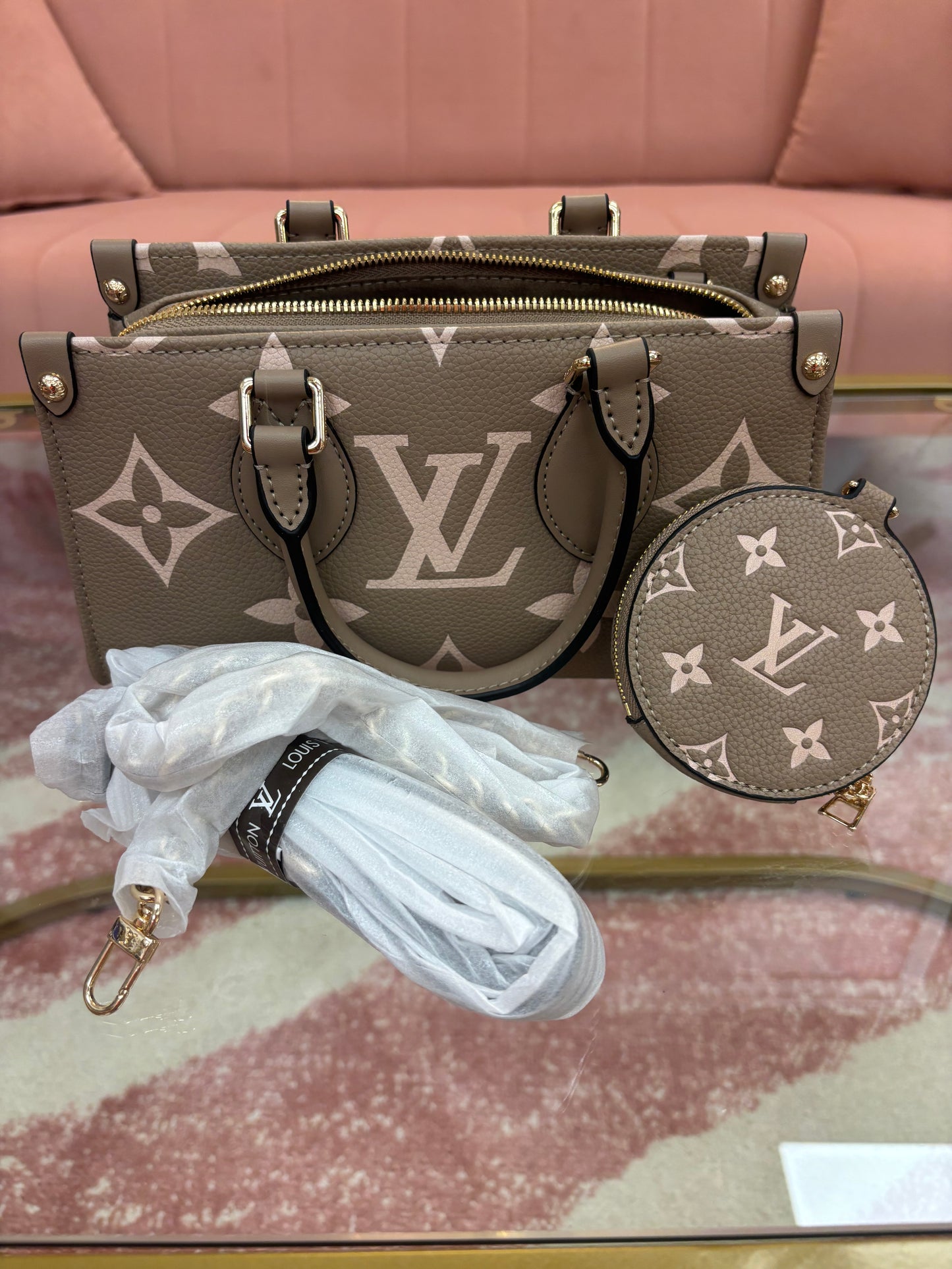 Inspired Taupe Monogram Satchel Bag with Coin Pouch