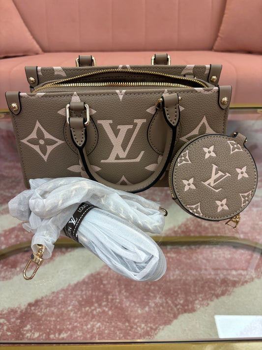 Inspired Taupe Monogram Satchel Bag with Coin Pouch