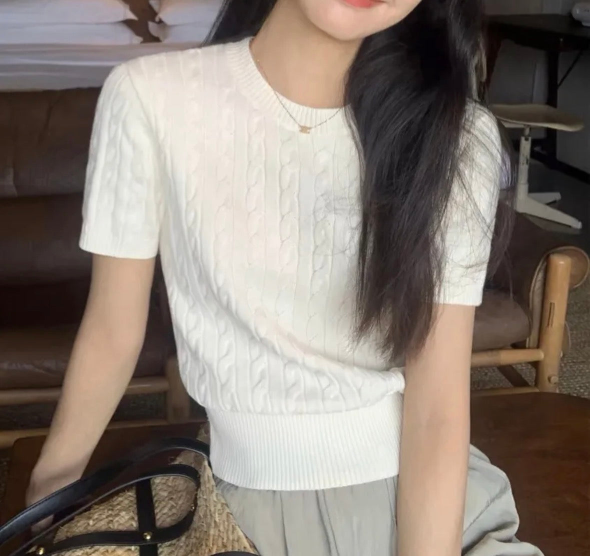 Short Sleeve Knitted Top Women Summer Thin Versatile Round Neck Waist-Cinched Short Length T-Shirt