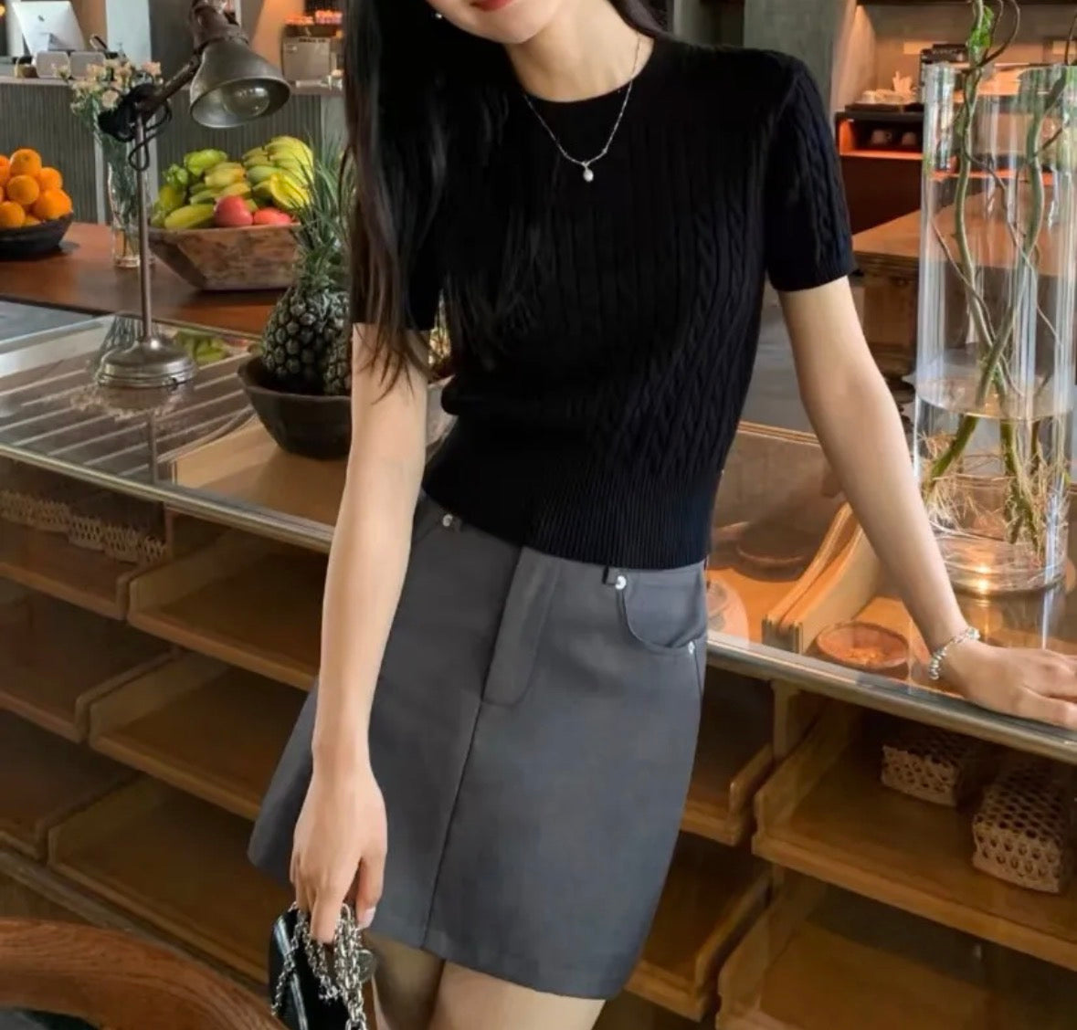 Short Sleeve Knitted Top Women Summer Thin Versatile Round Neck Waist-Cinched Short Length T-Shirt