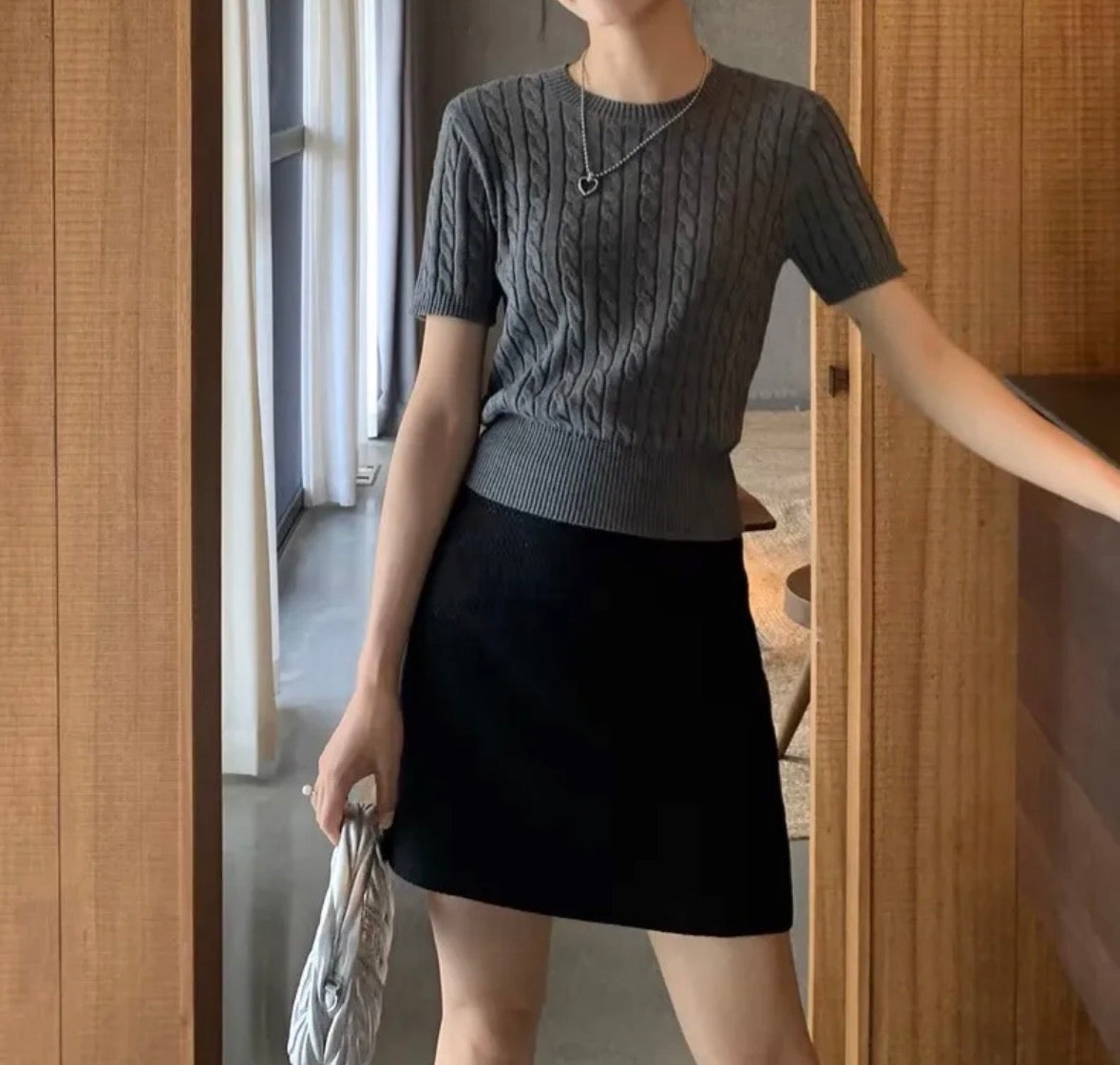 Short Sleeve Knitted Top Women Summer Thin Versatile Round Neck Waist-Cinched Short Length T-Shirt