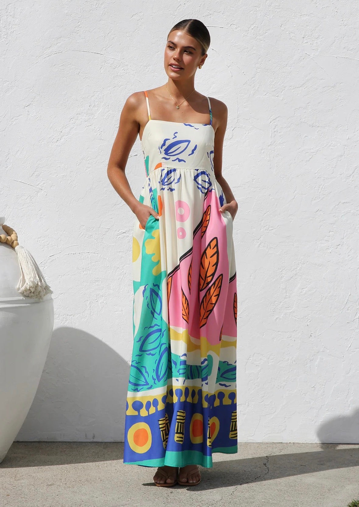Contrast Binding Sleeveless Flower Maxi Long Dress