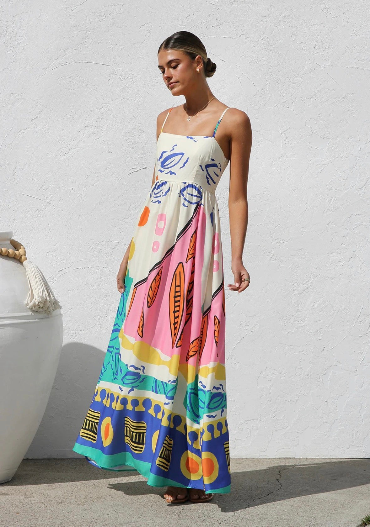 Contrast Binding Sleeveless Flower Maxi Long Dress