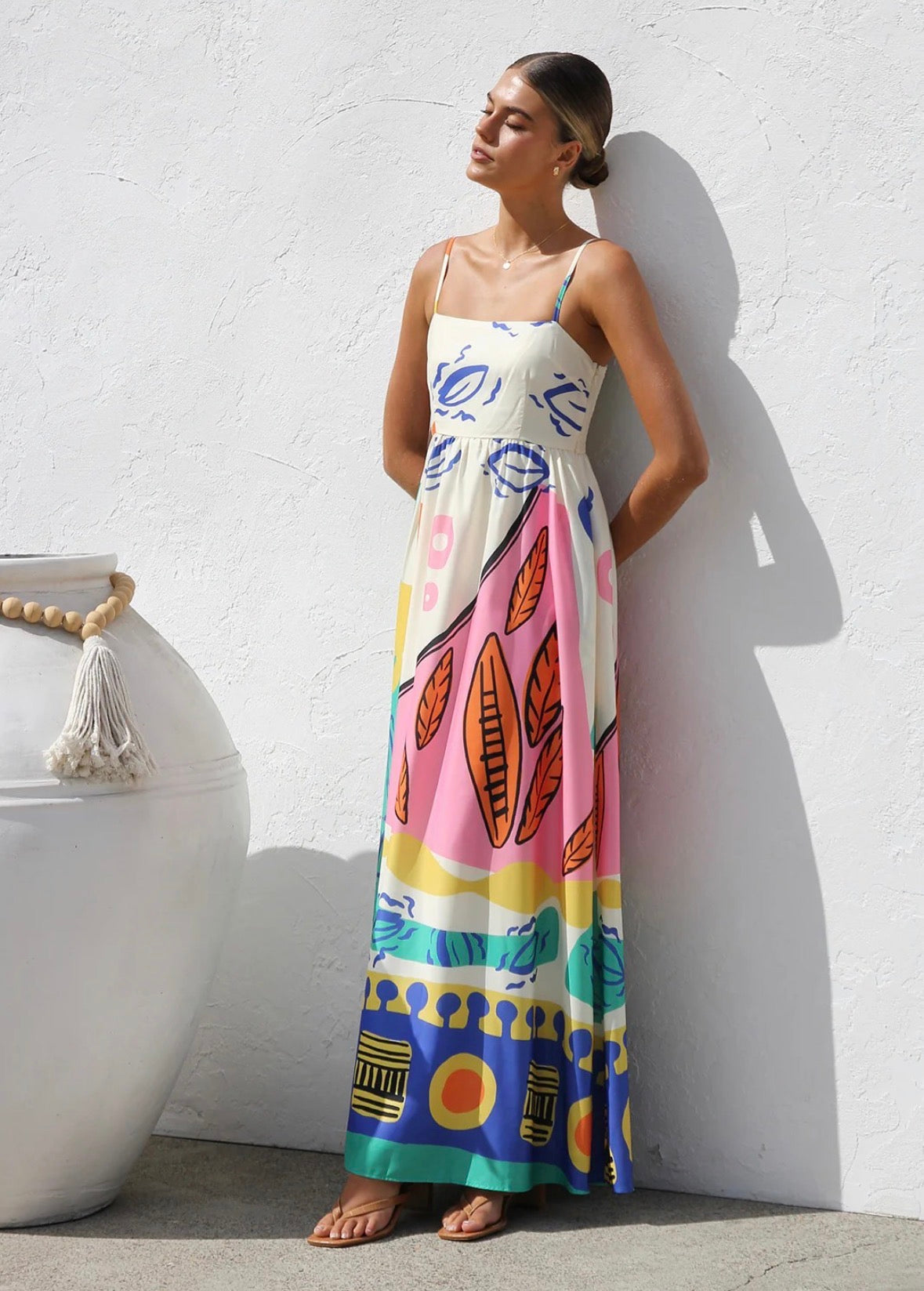 Contrast Binding Sleeveless Flower Maxi Long Dress