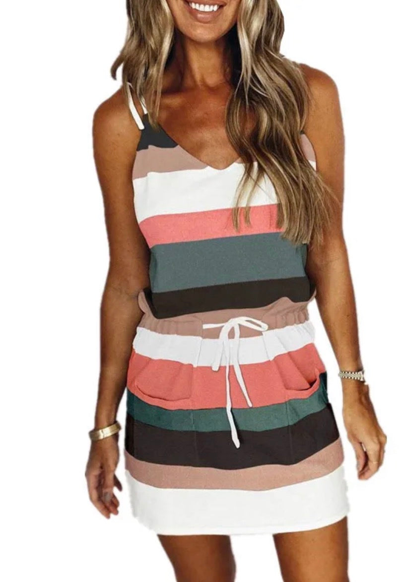 Women's Casual V Neck Printing Patchwork Sleeveless Stripe Midi Dress
