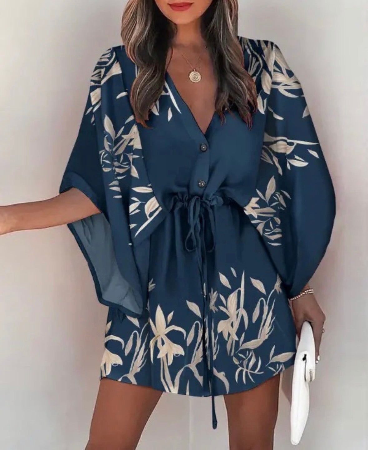 Fashion V Neck Printing Short Sleeve Plant Above Knee Dress