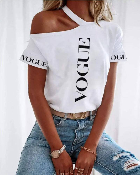 Letter print cold shoulder casual t shirt