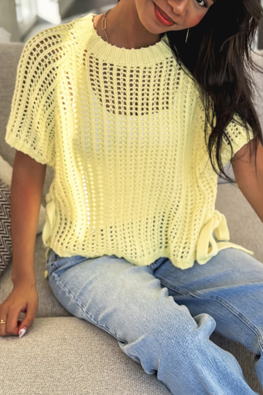 Yellow Cream Side Tie Hollow-out Crochet Knit Top