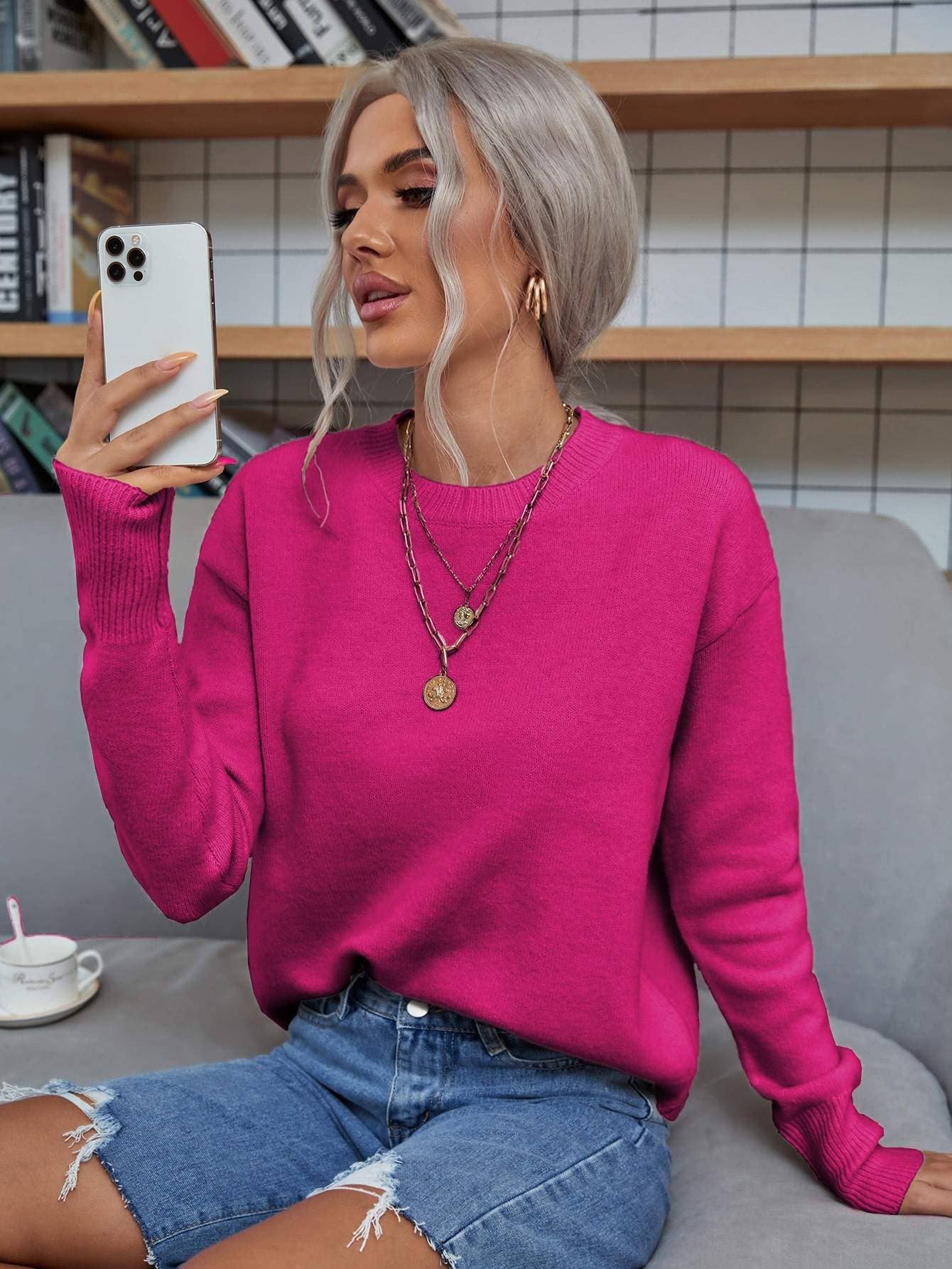 Solid drop shoulder sweater