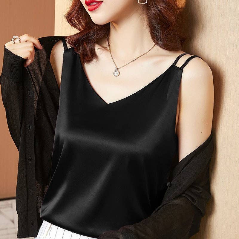 Solid Color Satin Basic V-Neck Camisole