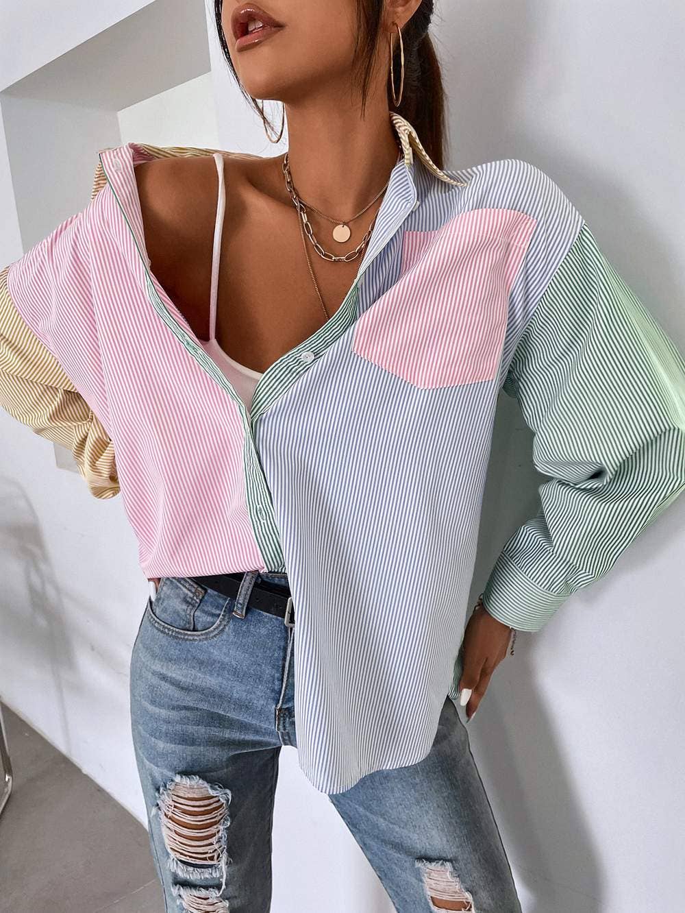 Striped colorblock button front blouse