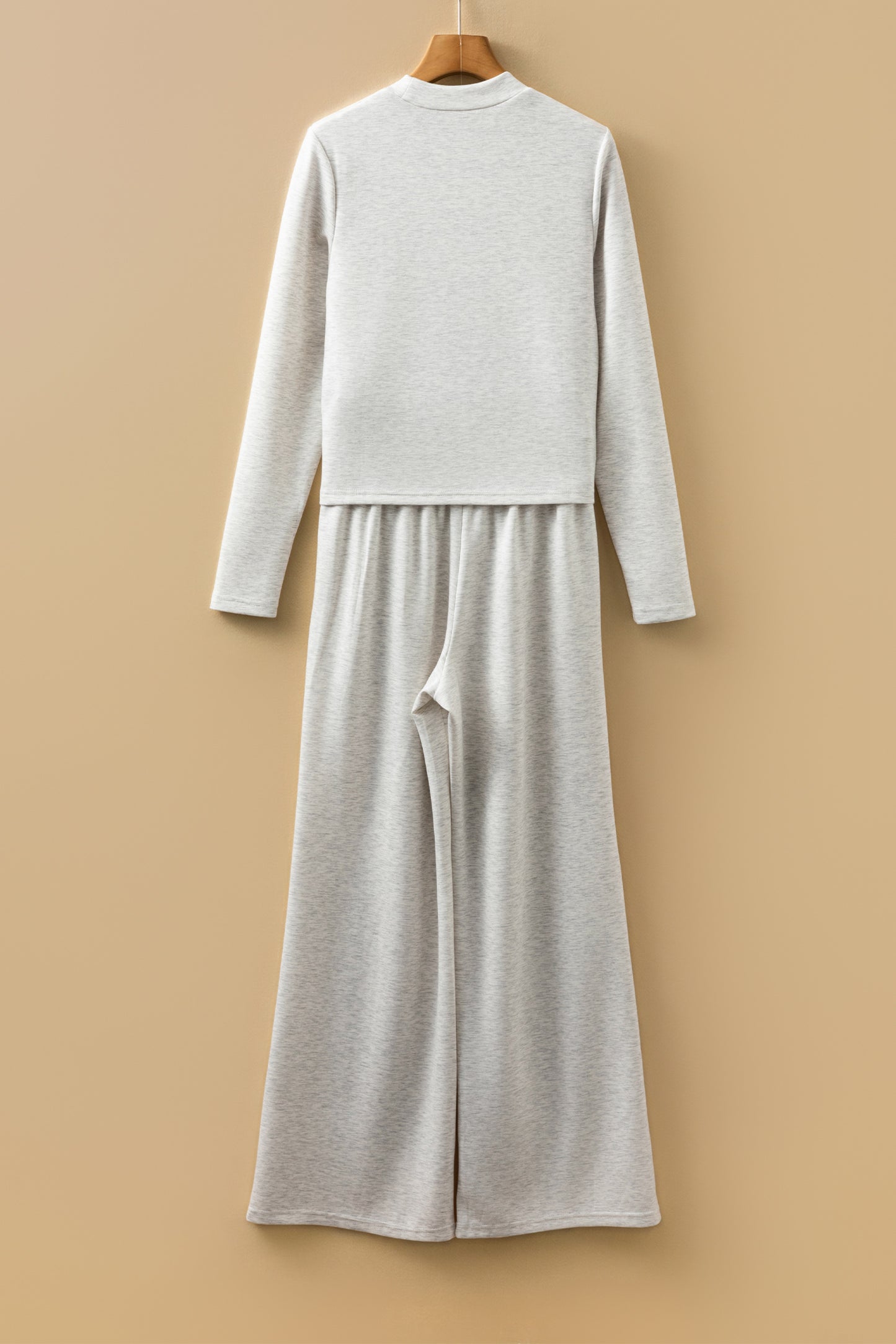 Light Grey Long Sleeve High Neck Slim Top Smocked Waist Central Seam Pants Set