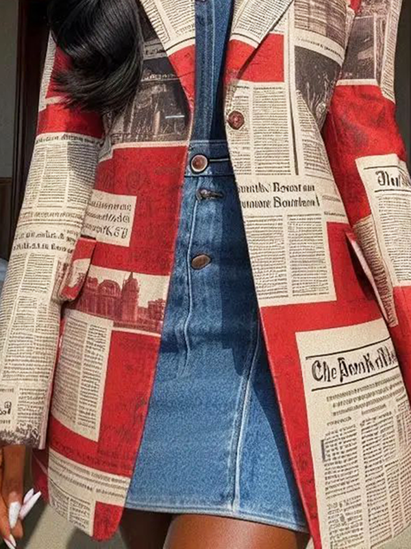 Newspaper Print Loose Notched Collar Long Sleeve Blazer