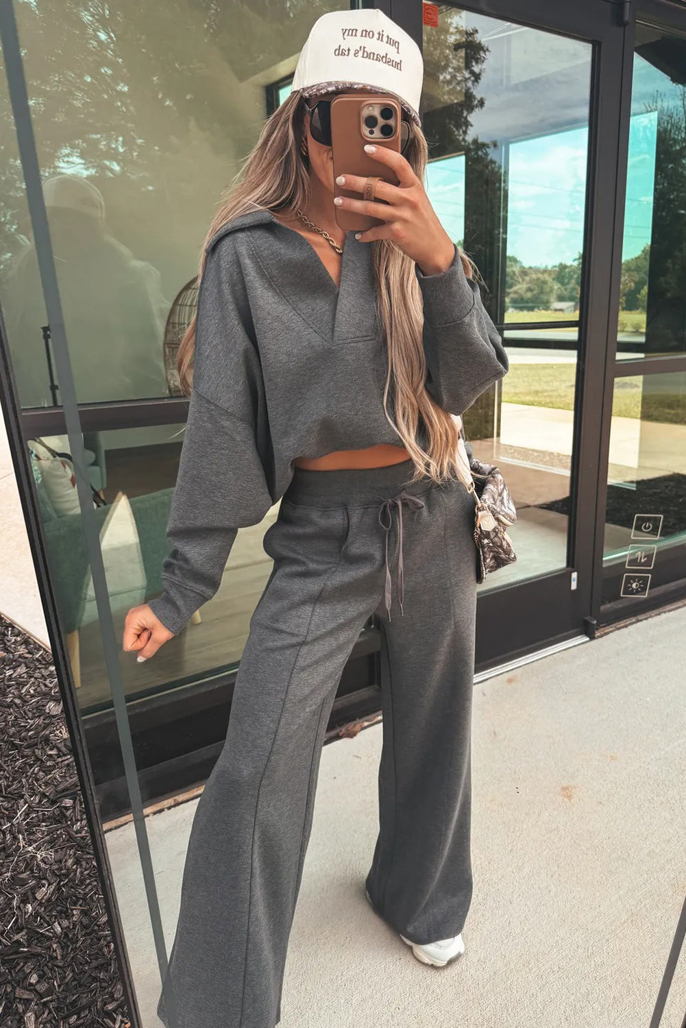 Medium Grey Collared V Neck Pullover Sweatshirt Sweatpants Set