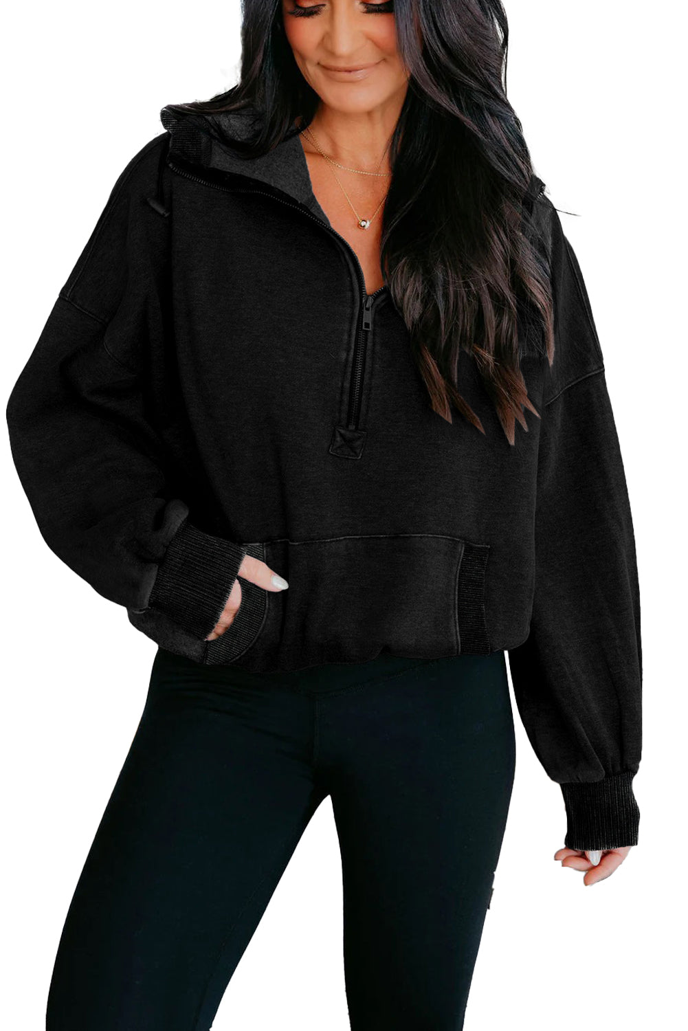 Black Half Zip Kangaroo Pocket Mineral Wash Baggy Hoodie