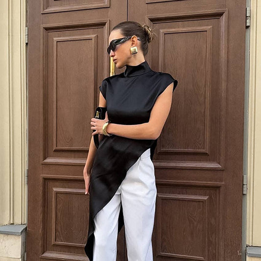 Asymmetrical Sleeveless High Neck Dress