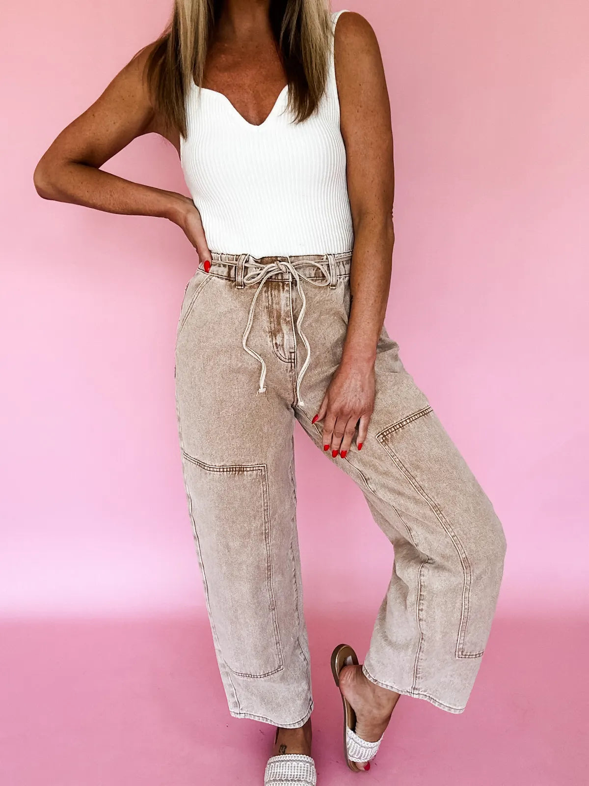 Smoke Gray Acid Wash Barrel Fit Denim Pants with Waist String