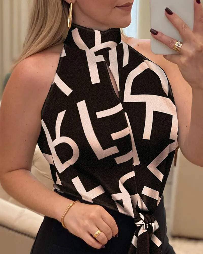 Letter print tied detail high neck top