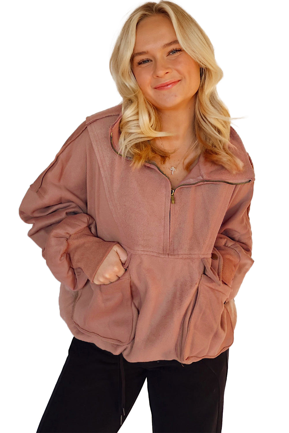 Camel Exposed Seam Side Pockets Half Zipper Baggy Sweatshirt