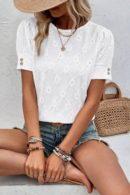 White Embroidered Floral Geometric Button Short Sleeve Top