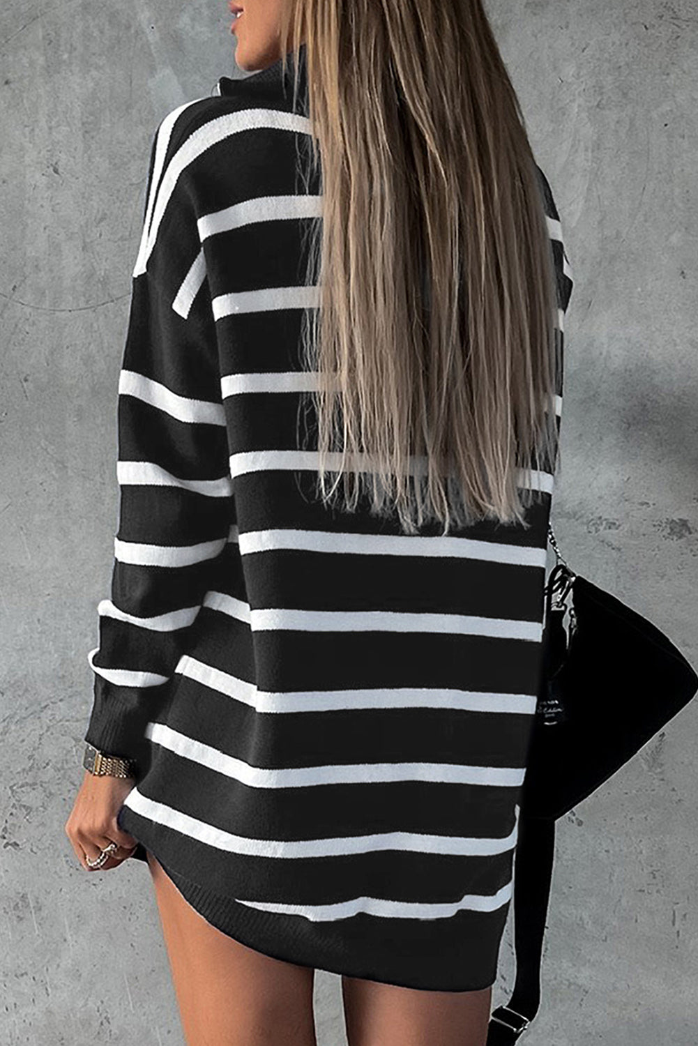 Black Striped O-ring Zip Collared Loose Sweater Mini Dress