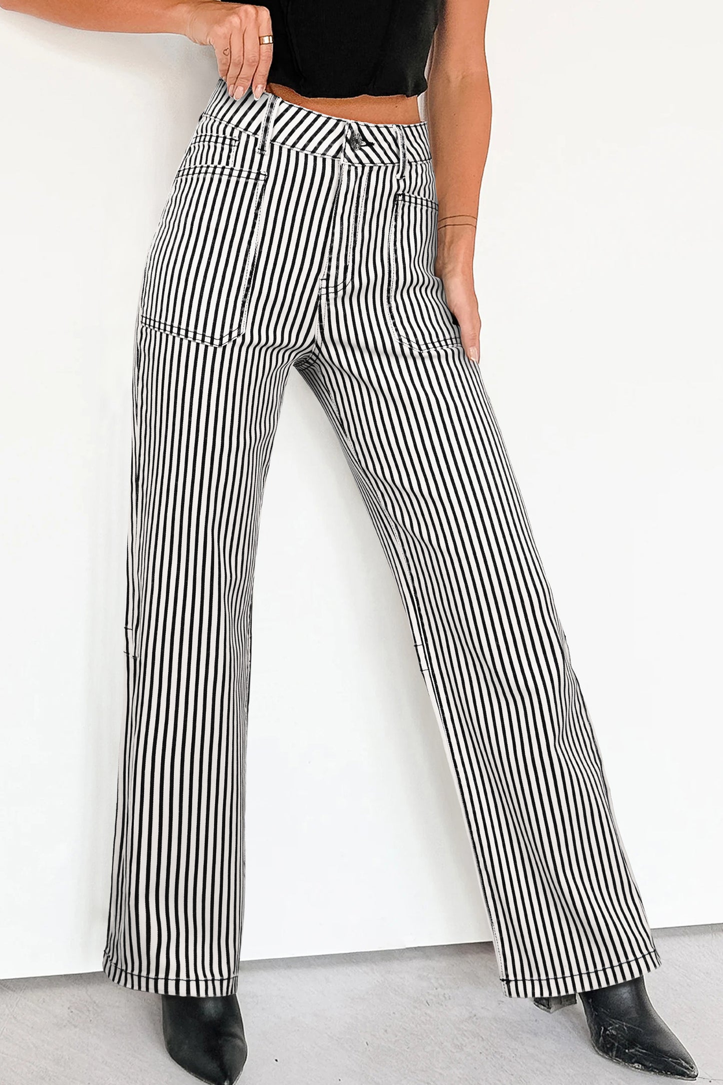 Black Stripe Patch Pocket High Waist Shift Denim Jeans