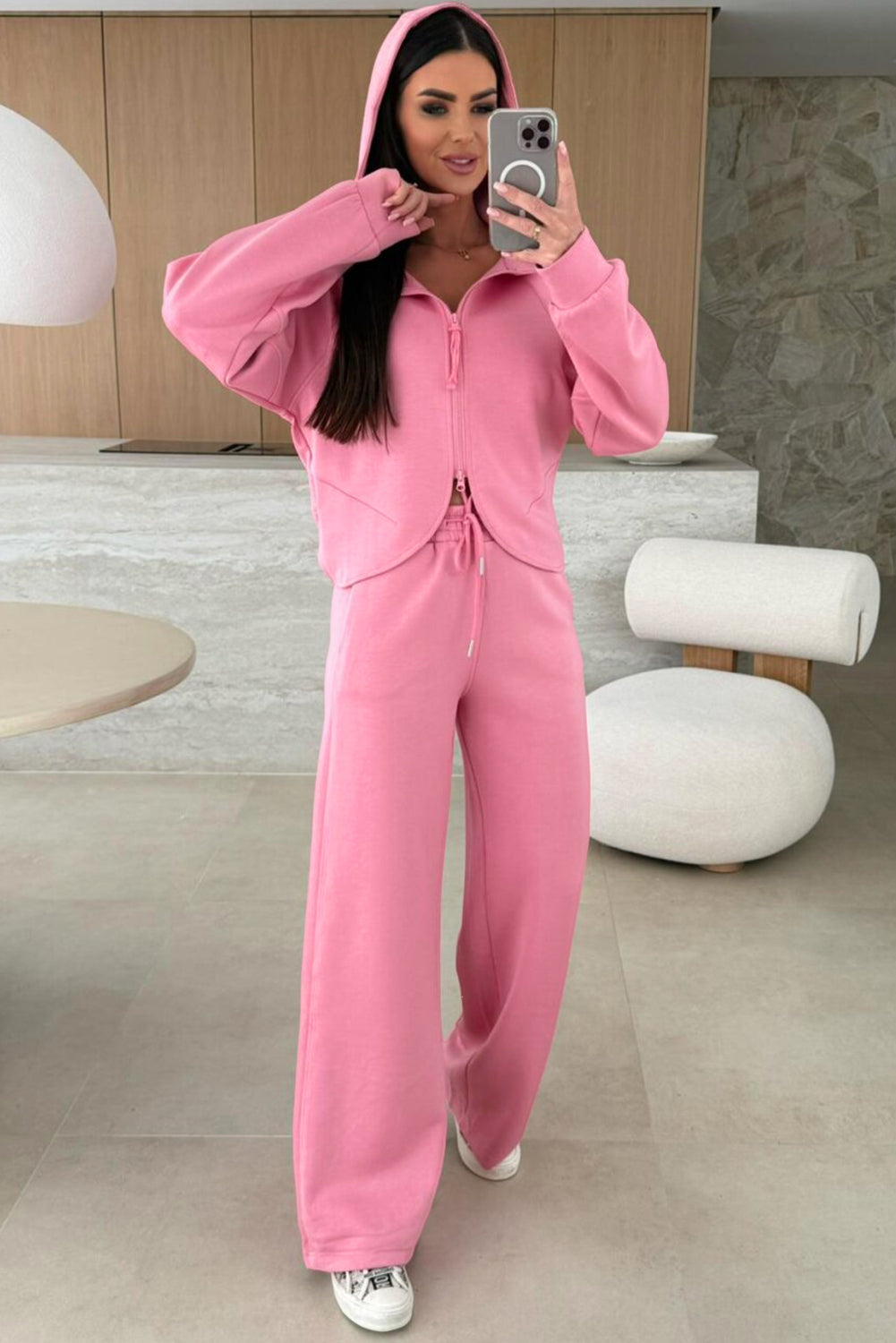 Pink Solid Color Zip Up Hoodie Drawstring Loose Pants Set