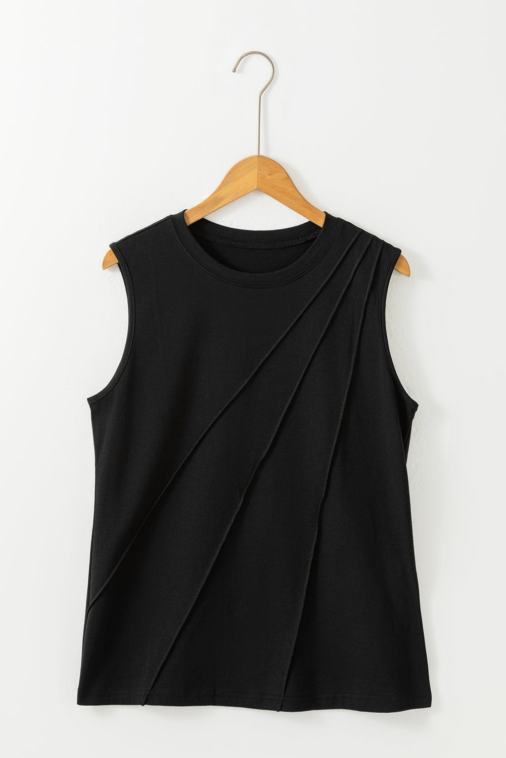 Black Solid Color Crew Neck Pleated Sleeveless Top