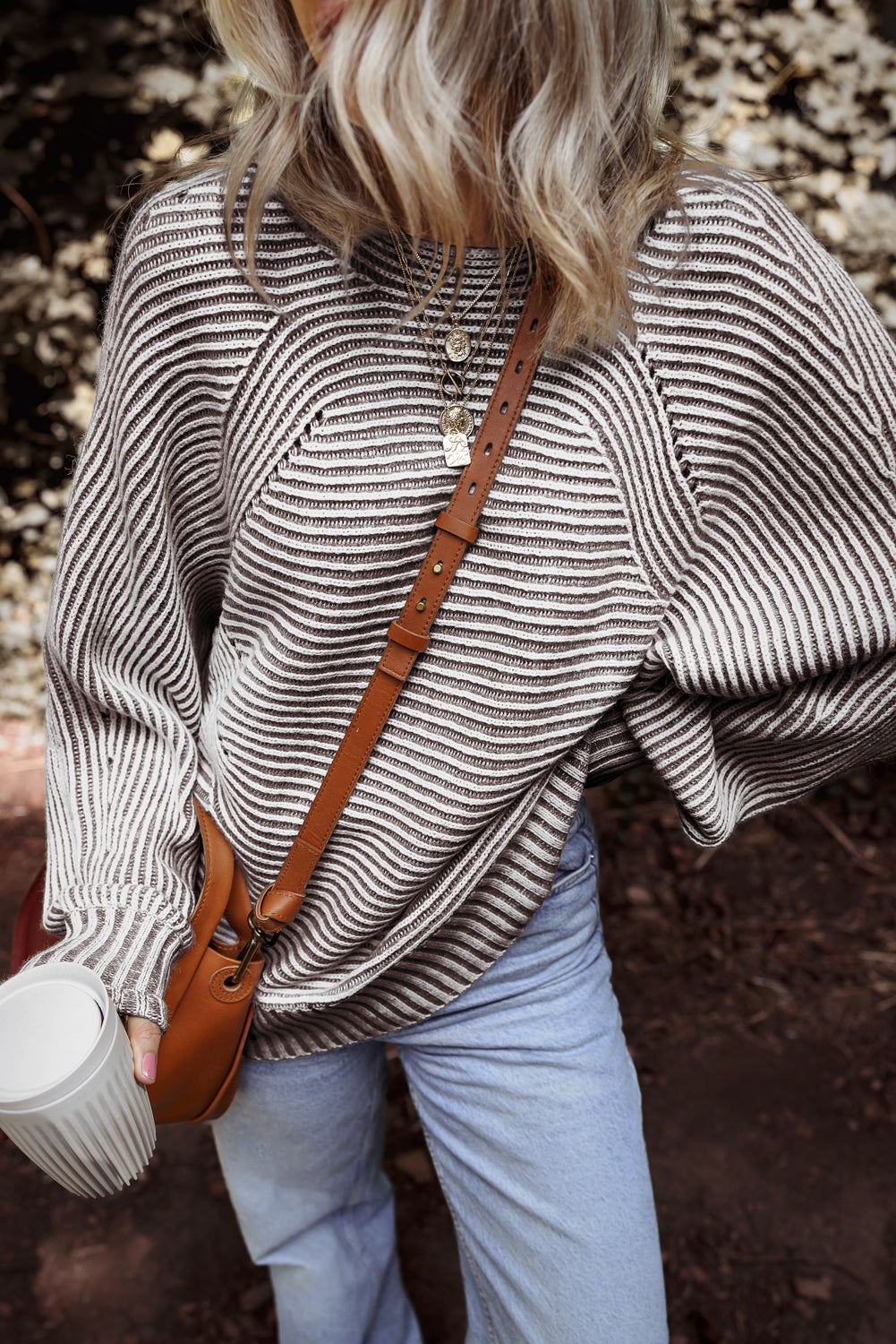 Coffee Striped Print Ribbed Knit Boat Neck Baggy Sweater